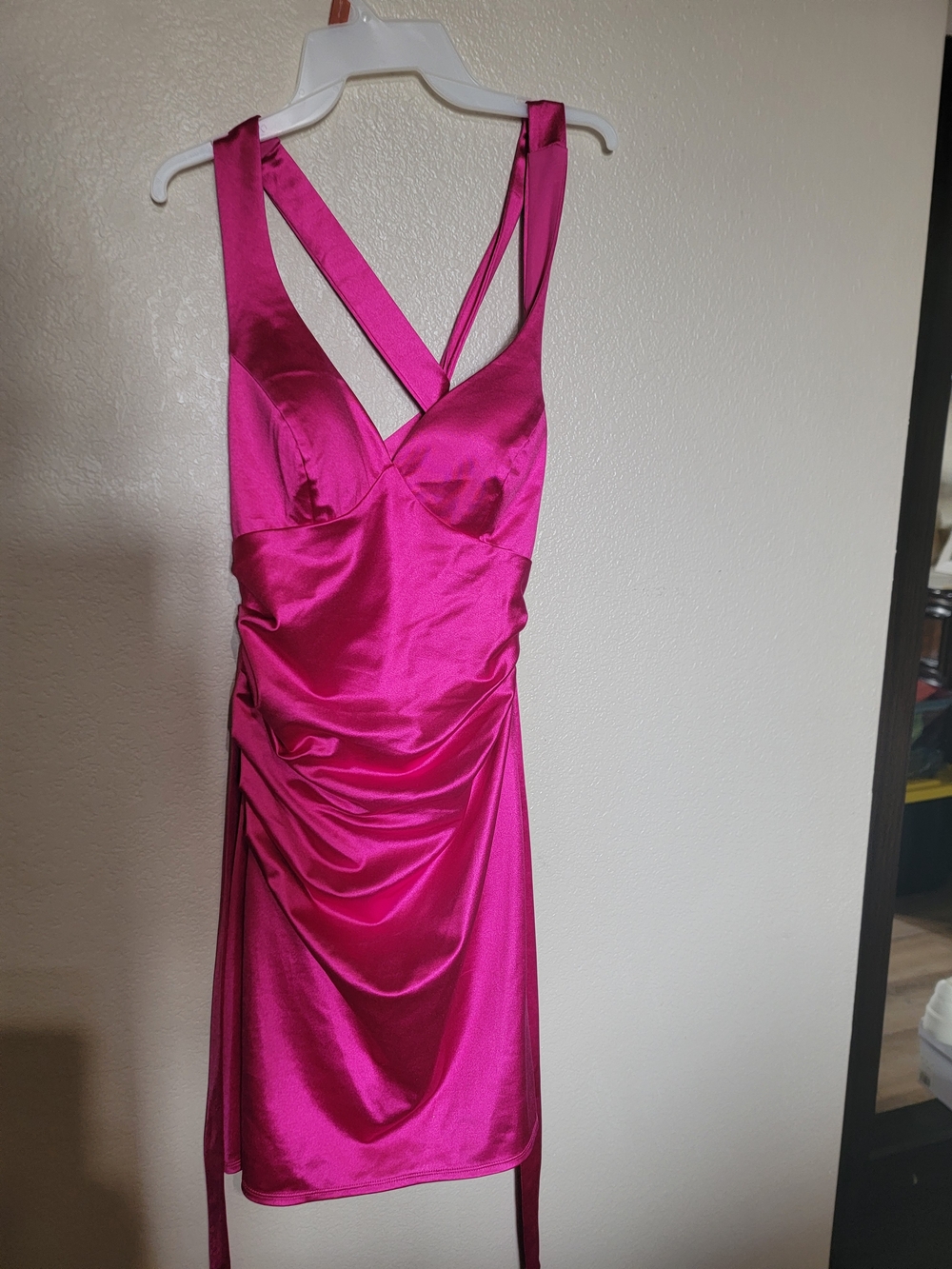 B Darlin Fuchsia Satin Ruched Cross-Back Mini Dress